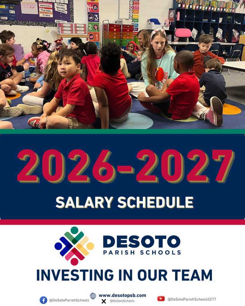 A classroom with children in red shirts and a woman. Below, a banner reads "2026-2027 Salary Schedule".