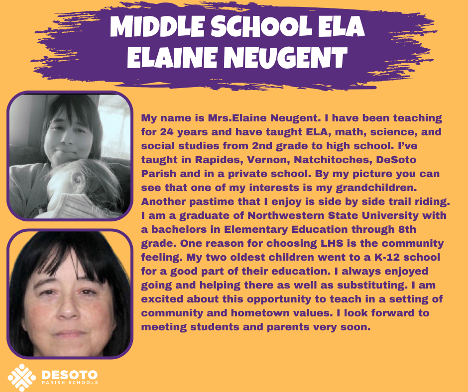 An orange and purple graphic features Elaine Neugent's headshot, job title, and a short bio.