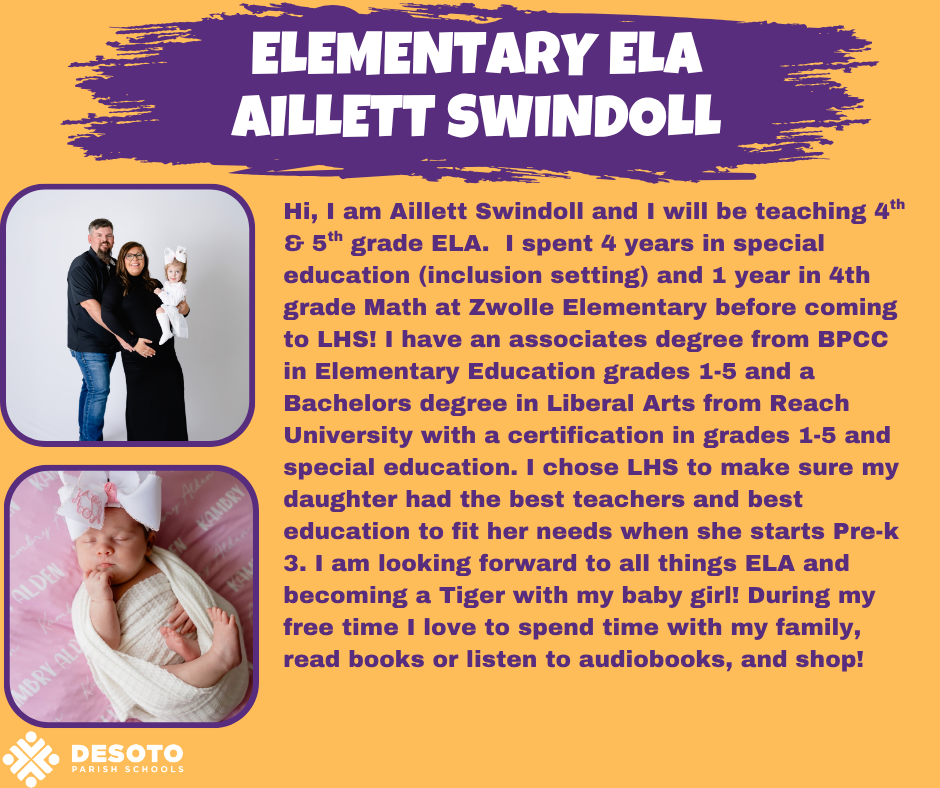A flyer featuring a photo of a family with a baby and text about elementary school teacher Aillette Swindoll.