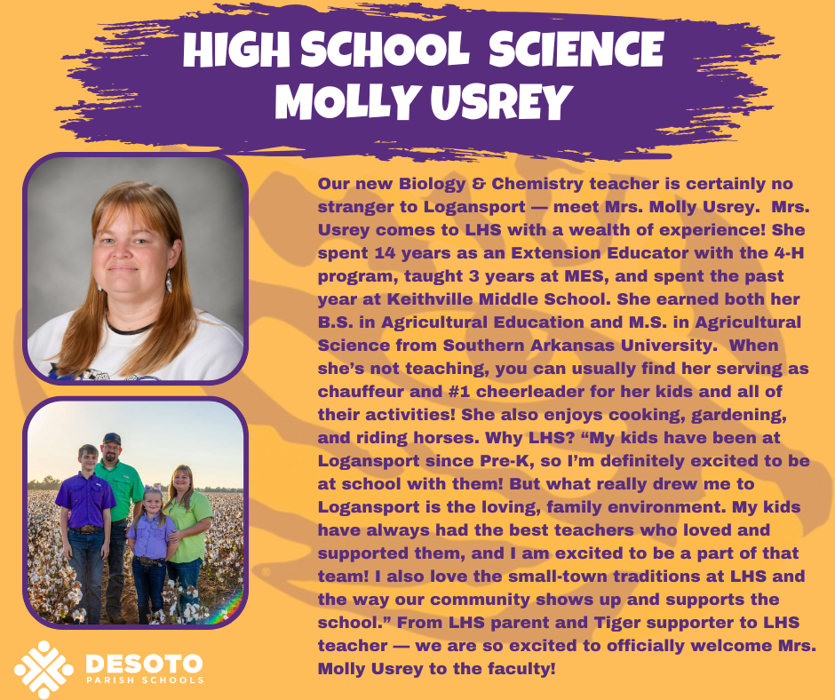 A woman stands with a family in a field. Text introduces Molly Usrey, new Biology D teacher.