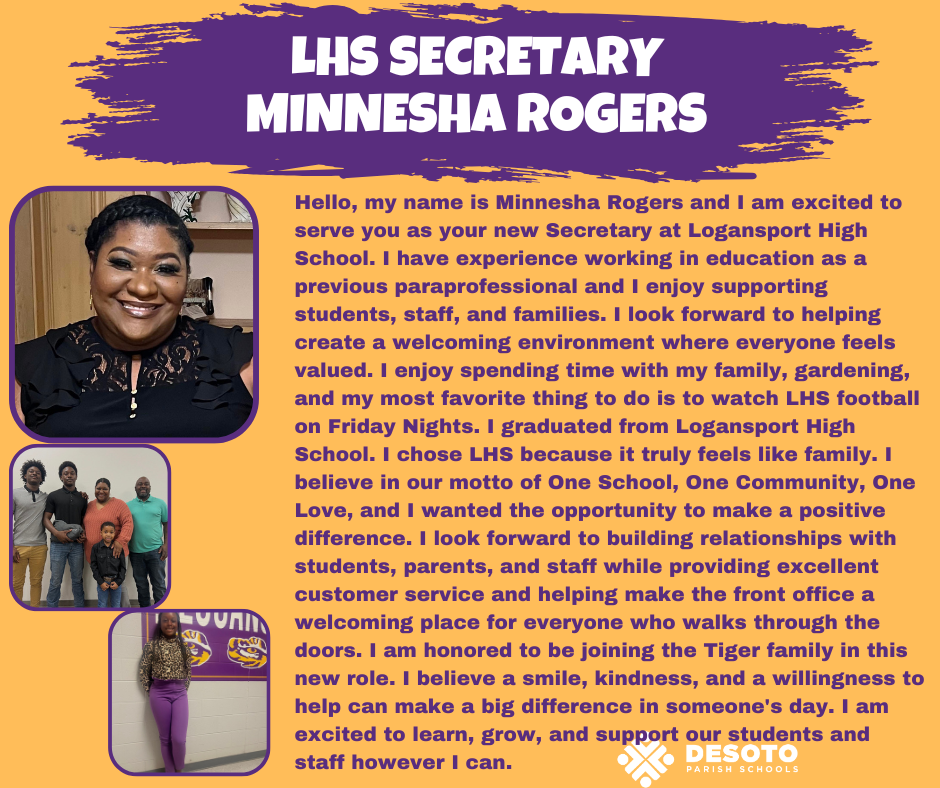 A poster with text and an image of a woman introduces Minnesia Rogers, the new Secretary at Logainsport High School.