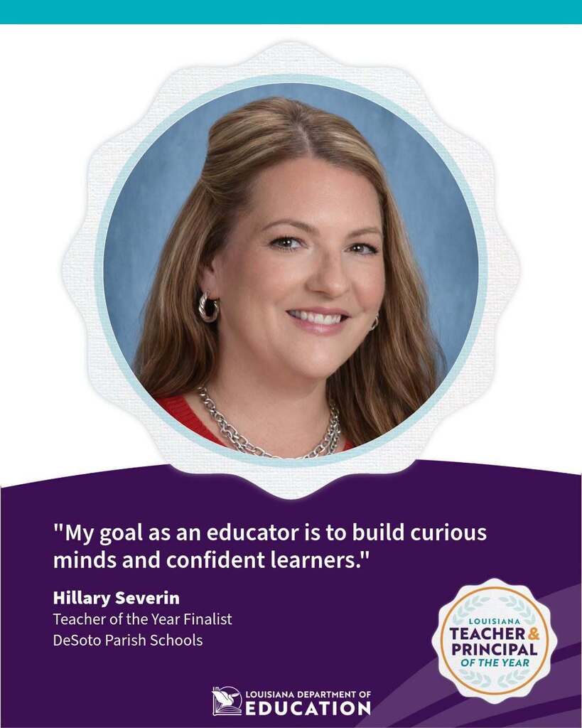 A smiling woman with long hair, wearing a red top, necklace, and earrings. Text reads: "My goal as an educator is to build curious minds and confident learners."