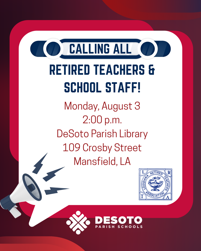 Red and white poster with a megaphone icon. Text reads "Calling All Retired Teachers & School Staff!" with details for a meeting.