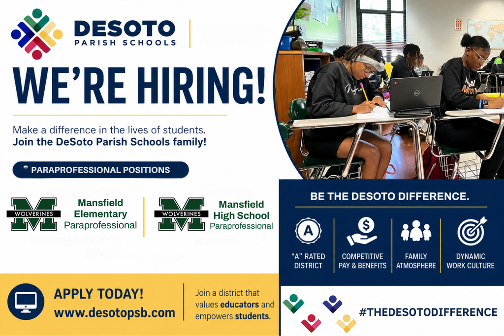 A recruitment poster for DeSoto Parish Schools. It features students at a desk with laptops. Text highlights available positions and directs to the website.