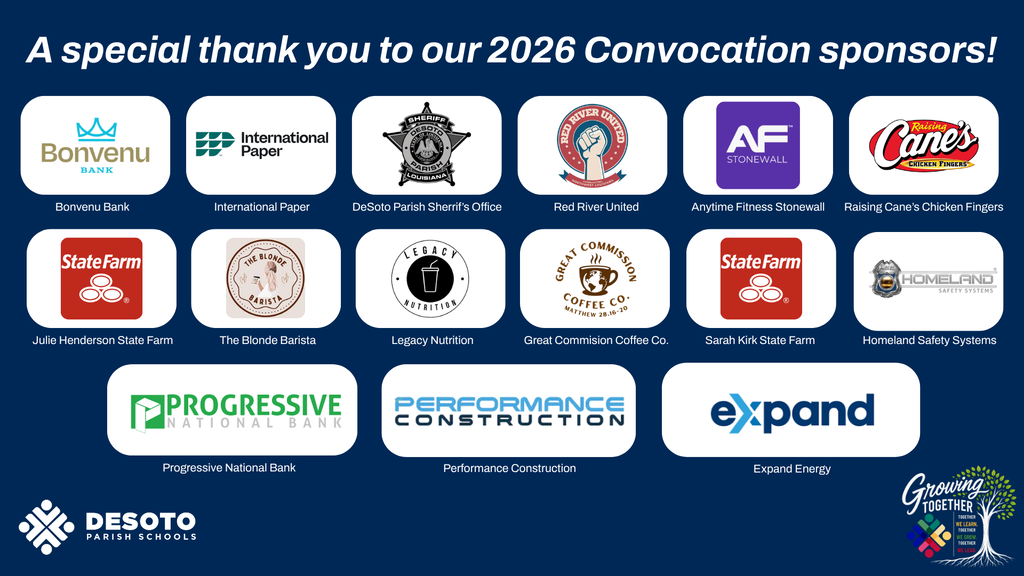 A blue background displays logos of sponsors for the 2026 Convocation, including Bonvernu, International Paper, and others.