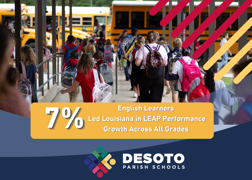Children in school uniforms board yellow buses. An overlay text highlights a statistic about English learners.