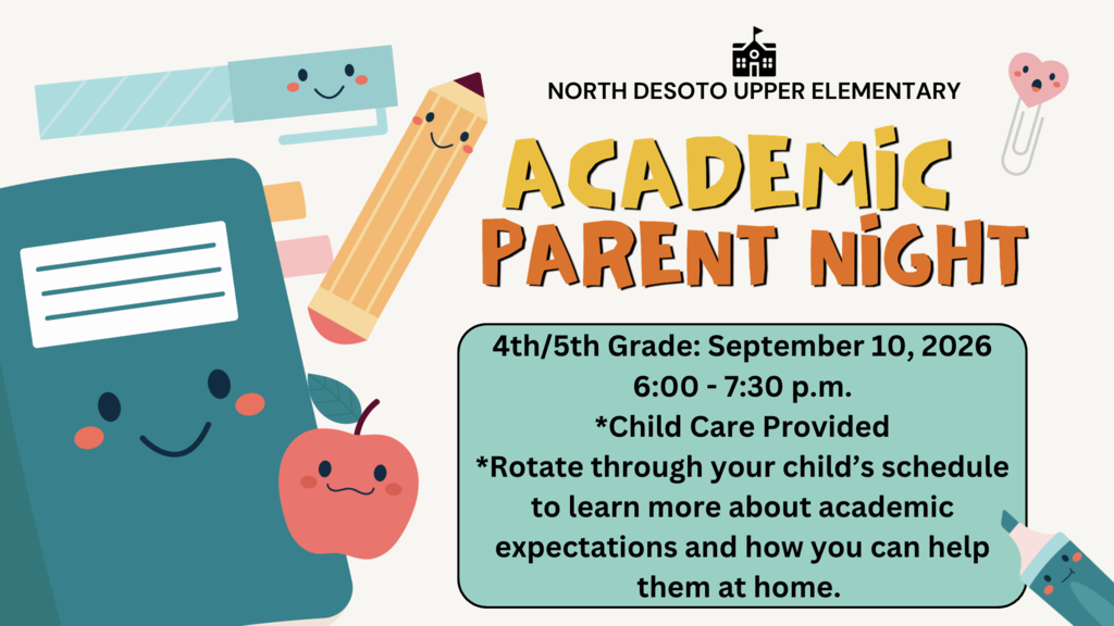 Poster with text "Academic Parent Night" and icons of a pencil, book, apple, and smiley faces. Event details include date, time, and child care information.