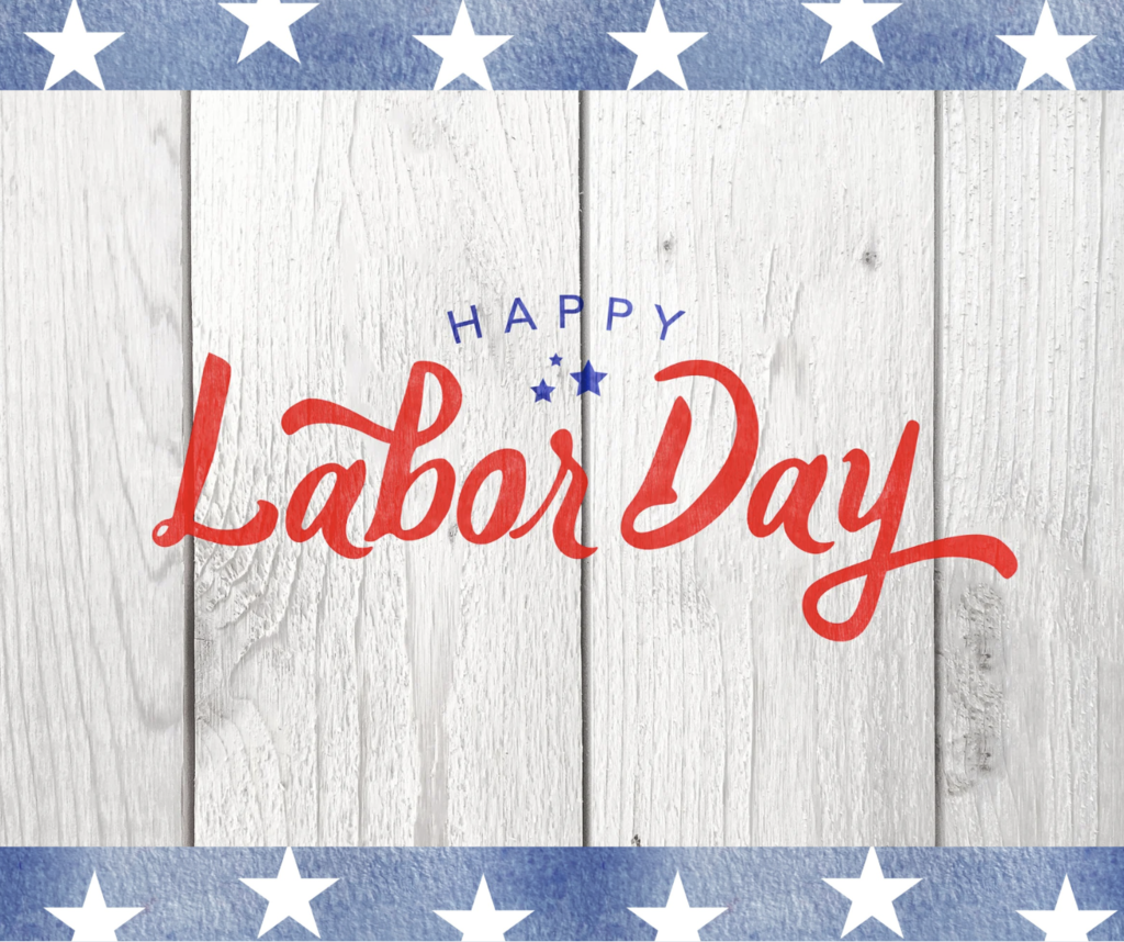 Text reads "Happy Labor Day" with stars and a wooden background. White stars are in rows along the top and bottom.