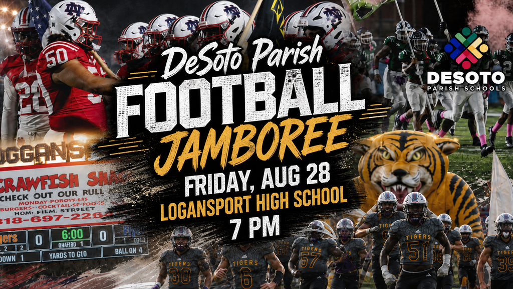An event poster for DeSot Parish Football Jamboree. It features players in helmets, a scoreboard, and a tiger logo.