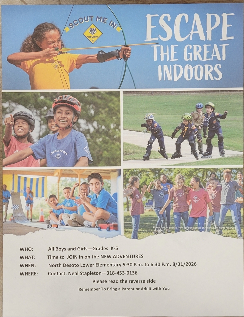 Poster with "Escape the Great Indoors" headline. Four photos of children in different activities, including archery, skateboarding, and playing. Details include participants, time, and contact information.