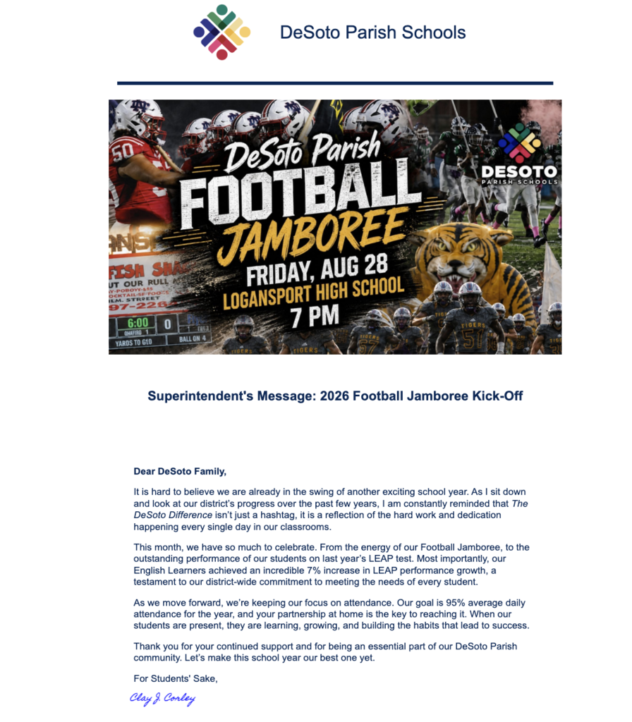 A school newsletter with a bold header reading "DeSoto Parish Football Jamboree" and date "Aug 28". Logo in top left corner.