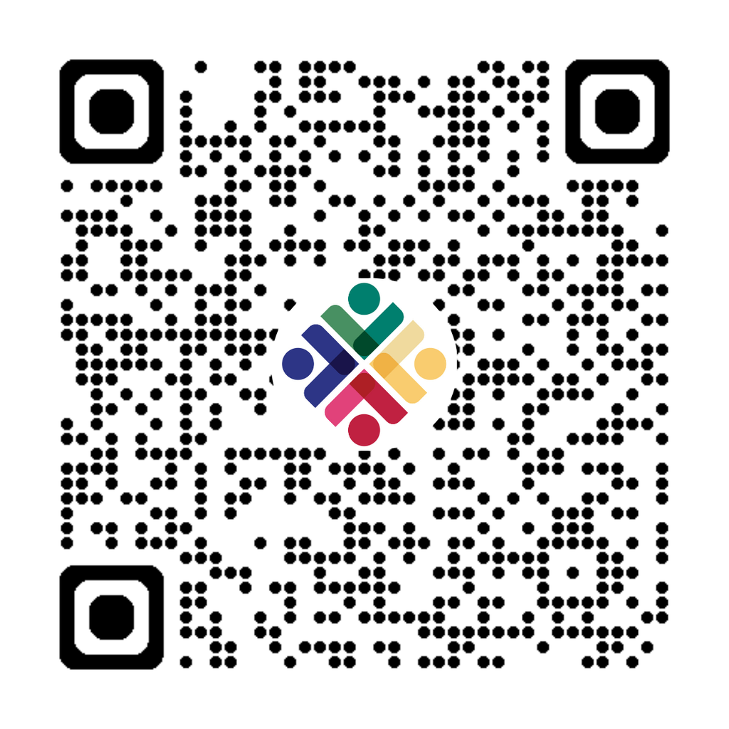 QR code with a colorful design of figures and letters in the middle.
