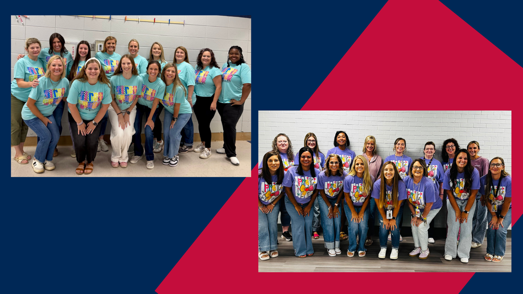 Collage of two groups in matching teal shirts; one group poses with a blue background, another with a red background.