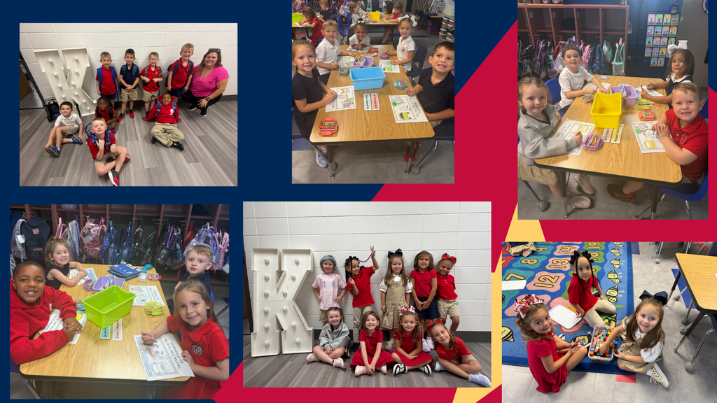 Collage of young children in a classroom. Various activities such as sitting at desks and working together.