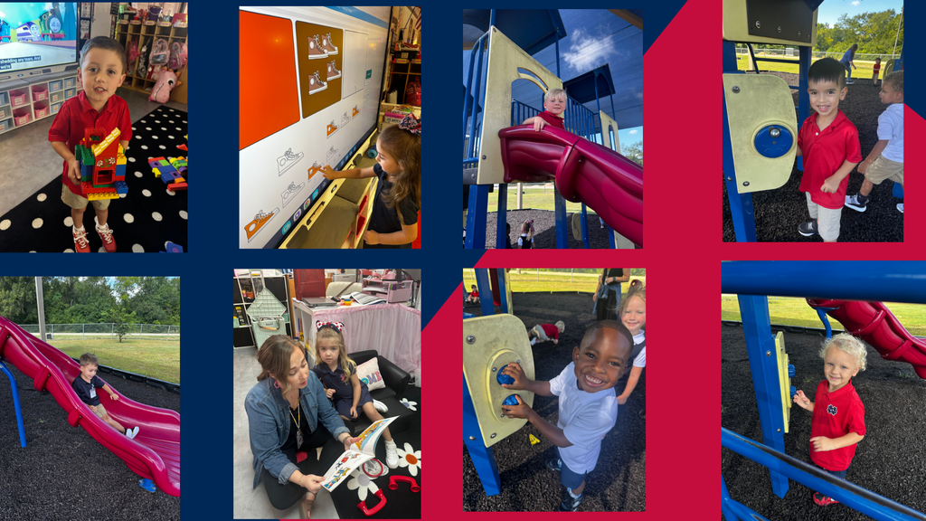 Collage of kids in a classroom, playing on playground equipment, and in a library.