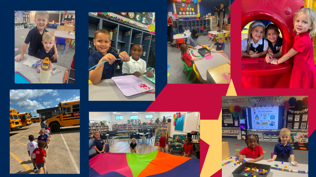 Multiple photos: children in a classroom, kids on a school bus, children playing inside, and a collage with a yellow star.