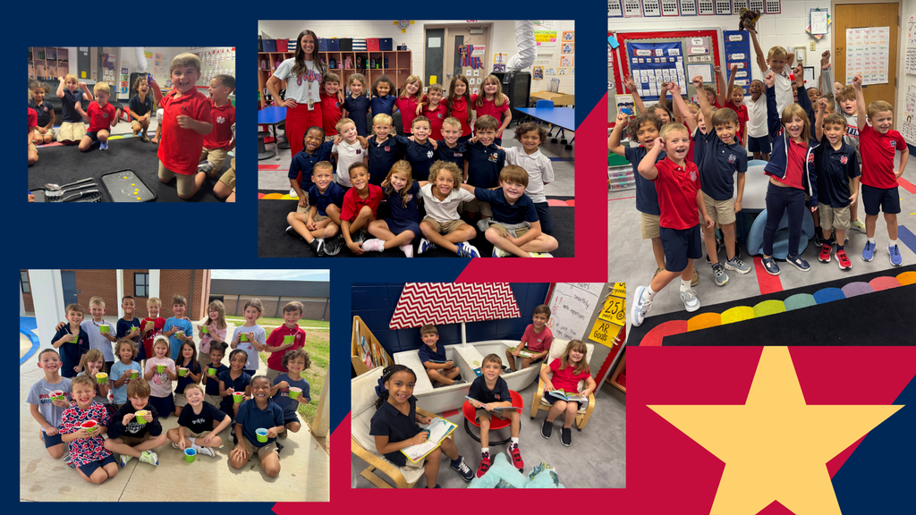 A collage of several photos of children in a classroom with a yellow star on the bottom right.