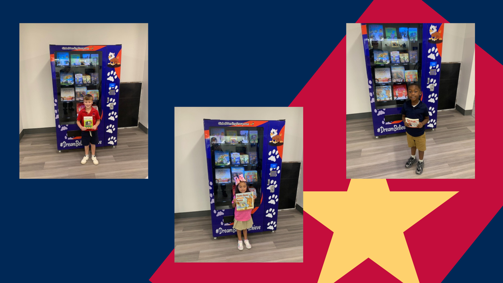 Three children stand next to a blue vending machine with paw prints, a yellow star, and a blue-red-white backdrop.