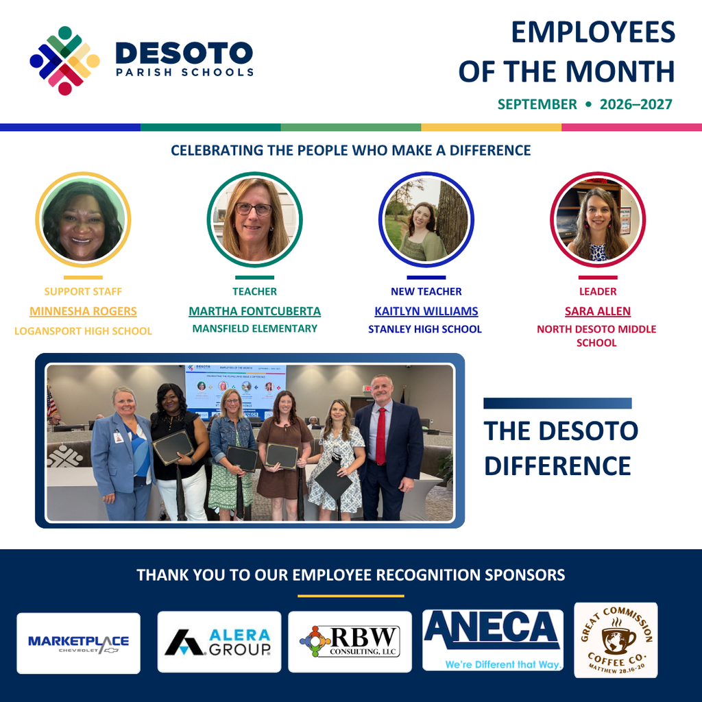An award announcement for employees of the month. Four women and one man stand together holding awards.