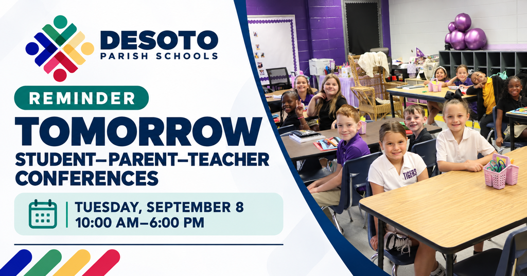 Poster about student-parent-teacher conferences with students in a classroom. The text reads "Tomorrow".