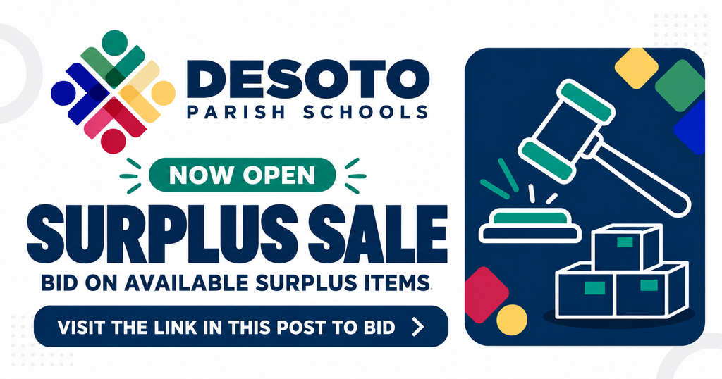 An advertisement for DeSoto Parish Schools' Surplus Sale with a blue gavel, boxes, and a link to bid.