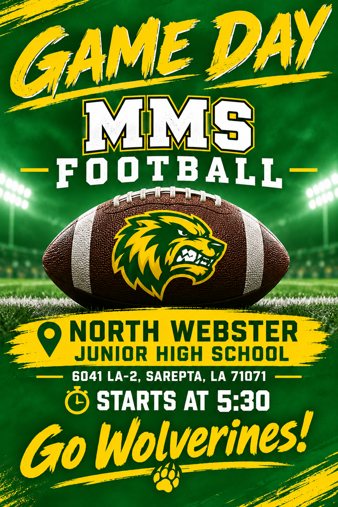 Poster for a football game day event. It shows a football, field lights, and a school mascot.