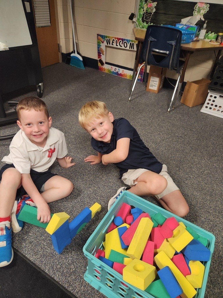 Two children play with building blocks on a carpeted floor. One child holds a large block.