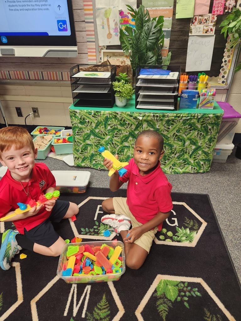 Two children sit on a rug, each holding plastic toys. Behind them is a table with plants and a television.
