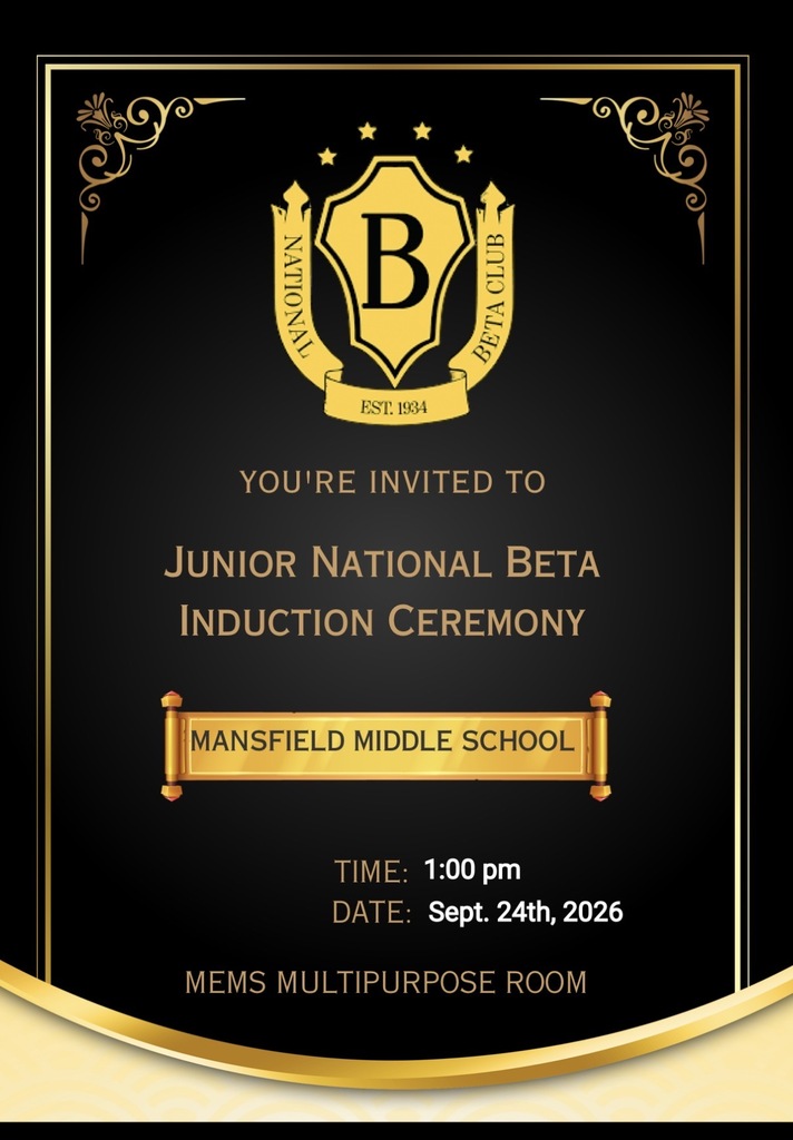 Invitation card for Junior National Beta Induction Ceremony at Mansfield Middle School. It reads "You're Invited To." Date and time: Sept. 24, 2026, 1:00 pm. Location: MEMS Multipurpose Room.