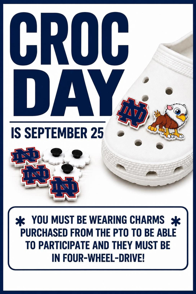 A white clog with a logo and an eagle. Three charms next to it. Text reads Croc Day is September 25.