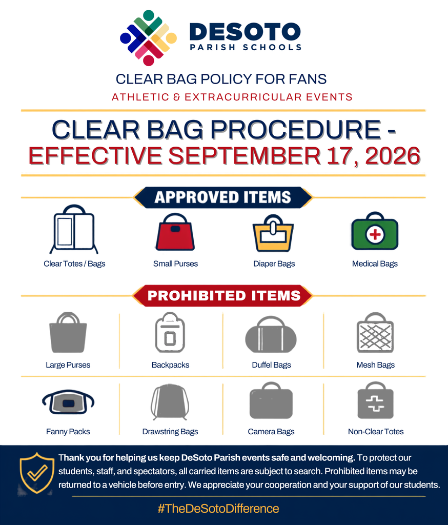 A poster for DeSoto Parish Schools outlines a clear bag policy for athletic events starting September 17, 2026.
