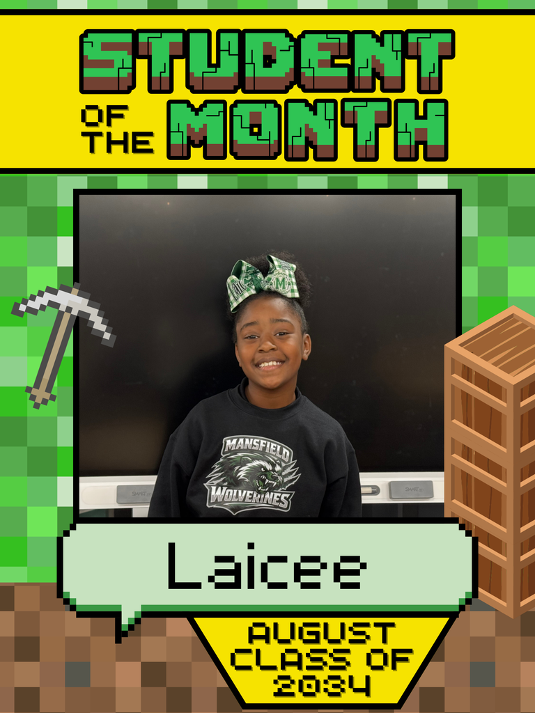 A digital display with a girl wearing a school sweatshirt and a headband. Text reads "Student of the Month: Laicee August Class of 2034."