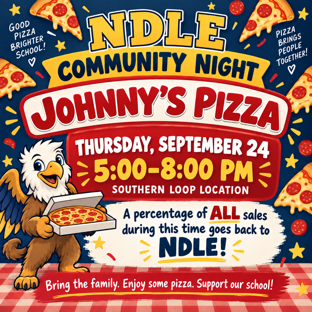 Flyer for Ndle Community Night at Johnny's Pizza. Event date: Thursday, September 24, 5:00-8:00 PM. Eagle holding pizza box.