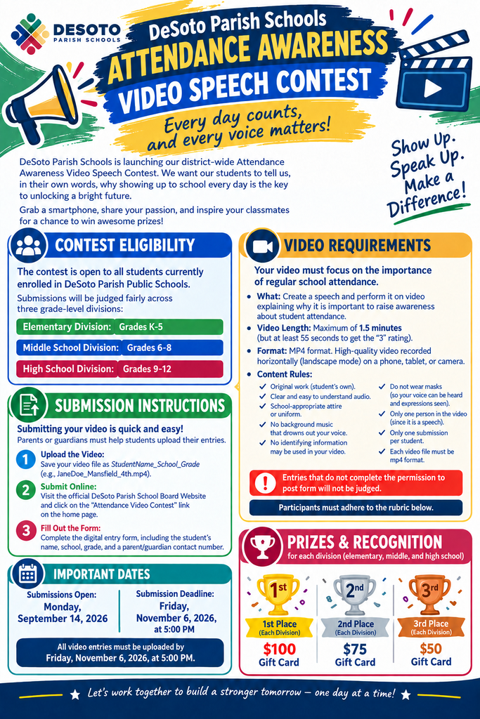 Contest flyer for the Desoto Parish Schools Attendance Awareness Video Speech. Eligibility, submission instructions, and dates are outlined.