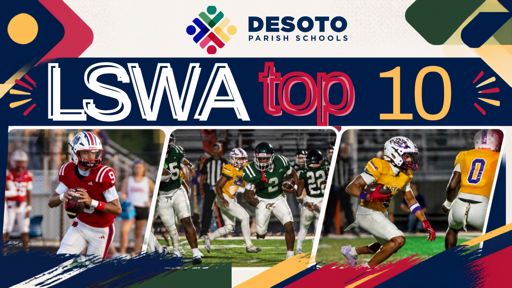 A collage showing football players in action, with text "DeSoto Parish Schools LSWA top 10" on a multicolored background.