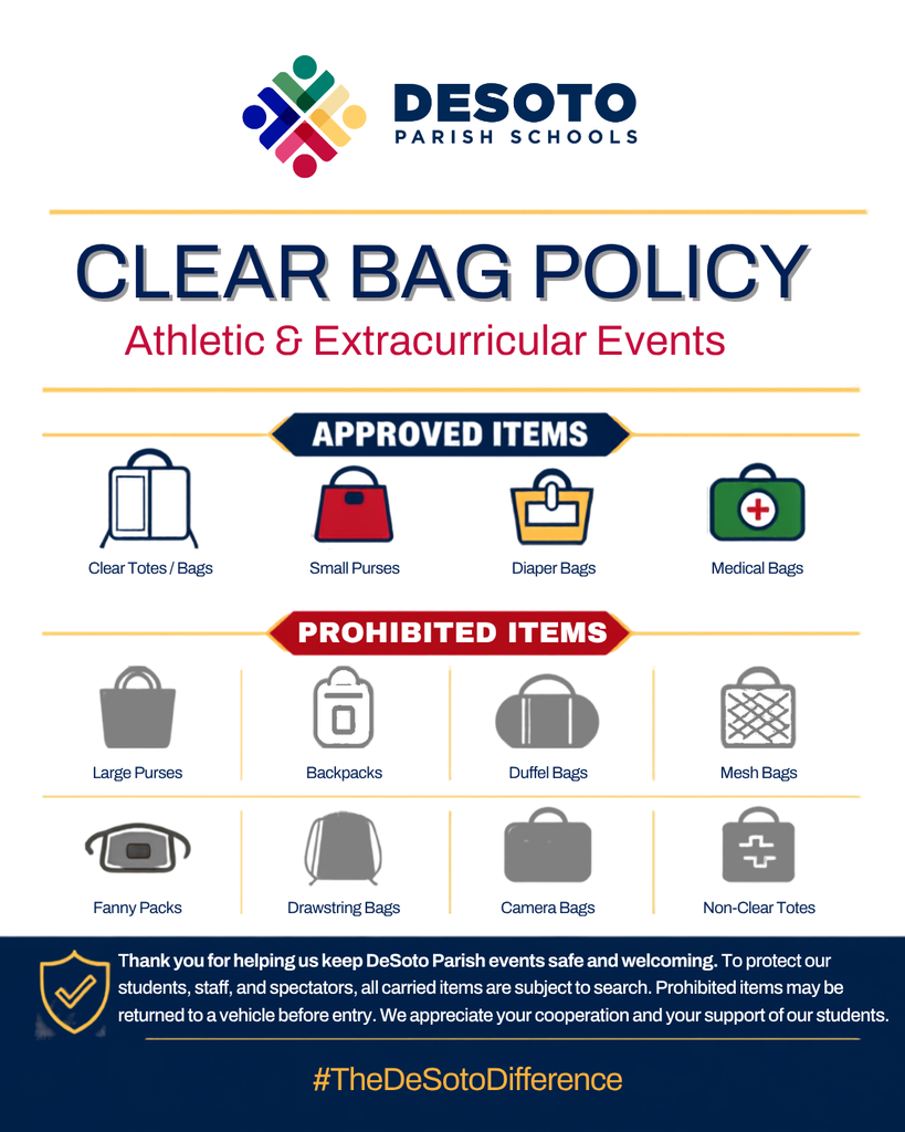 A poster displays "Clear Bag Policy" for athletic and extracurricular events. It lists approved and prohibited items, including clear bags and backpacks.