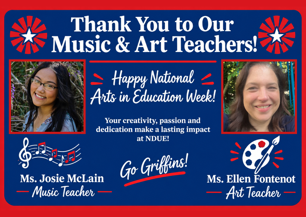 A poster with two smiling women, text, and symbols. The top reads "Thank You to Our Music & Art Teachers!" Text below highlights National Arts in Education Week.