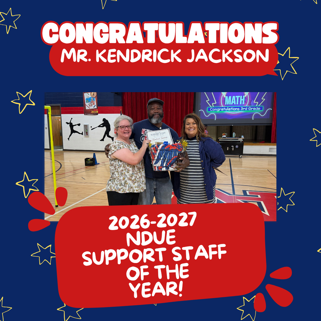 Blue background with stars, text reads "Congratulations Mr. Kendrick Jackson" and "NDUE Support Staff of the Year!" Three people in gym.