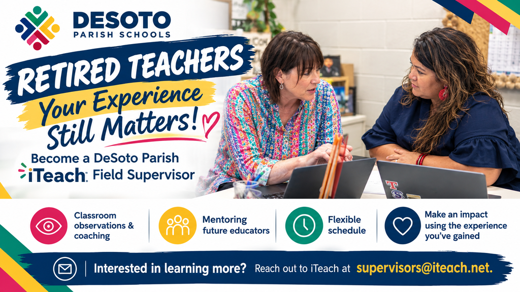 Poster features two women seated, one using a laptop. Text reads "Retired Teachers, Your Experience Still Matters!"