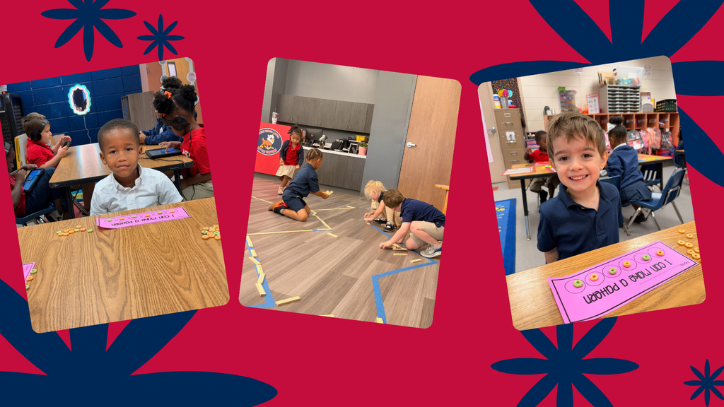 Three photos show children in a classroom. One child smiles at the camera. Another sits at a table. Another crawls on the floor.