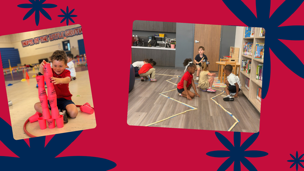 Two photos: one shows a child playing with red blocks, the other shows children on a floor maze.