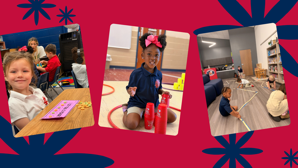 Three collage photos of young children in different settings. One with a child seated at a desk.
