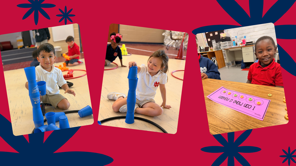 Three children in a classroom, two sitting on the floor playing with blue tubes, one standing with a tube.