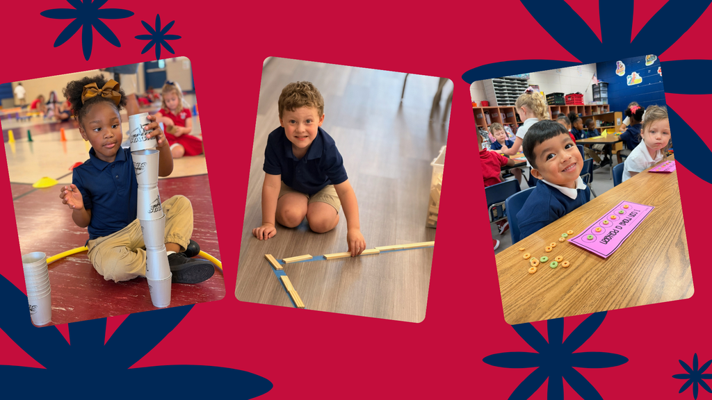 Three photos of children. One child is holding a pipe, another is working on a floor puzzle, and another is at a desk.