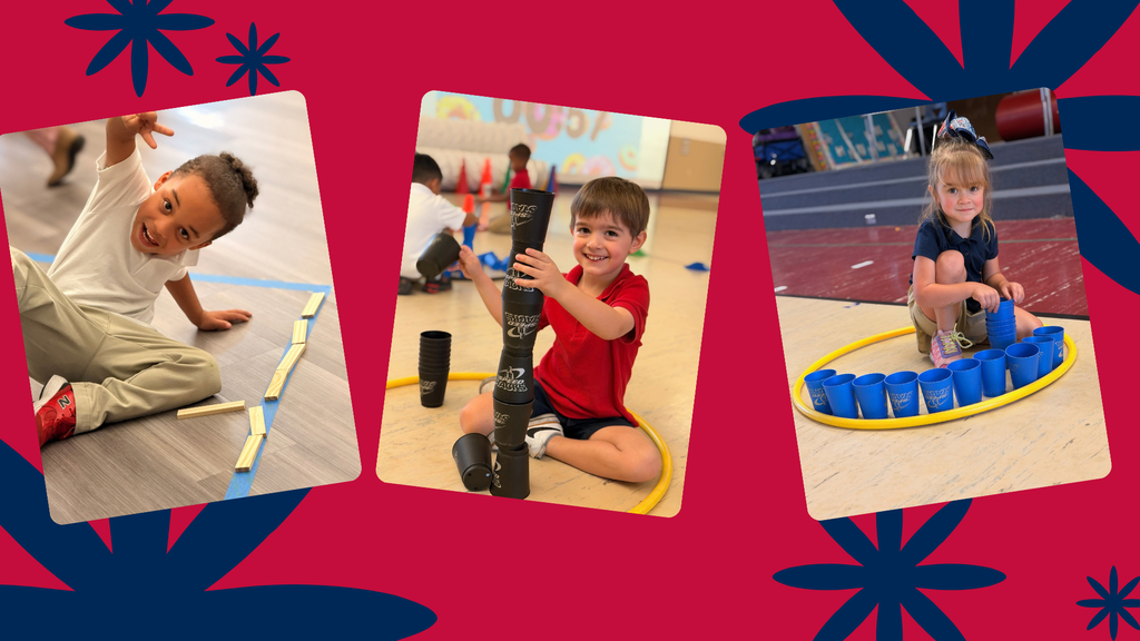 Three children engaging in different activities: one playing with blocks, another with a stack, and the third in a hula hoop.