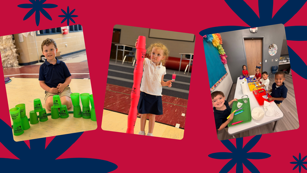 Three images of children. One plays with cups, another balances with a pole, and the third works at a table.