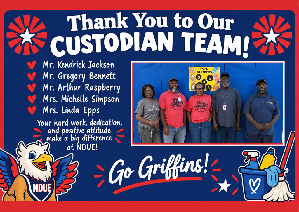 A poster with five people in uniforms and a caption thanking them for their work. The text reads "Thank You to Our Custodian Team!"