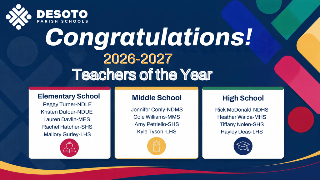 Blue background with "Congratulations! 2026-2027 Teachers of the Year" text. Three sections for elementary, middle, and high school.