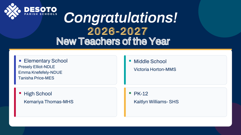 A blue background with white text displays "Congratulations! 2026-2027 New Teachers of the Year" with categories for Elementary, Middle, High, and PK-12 schools.