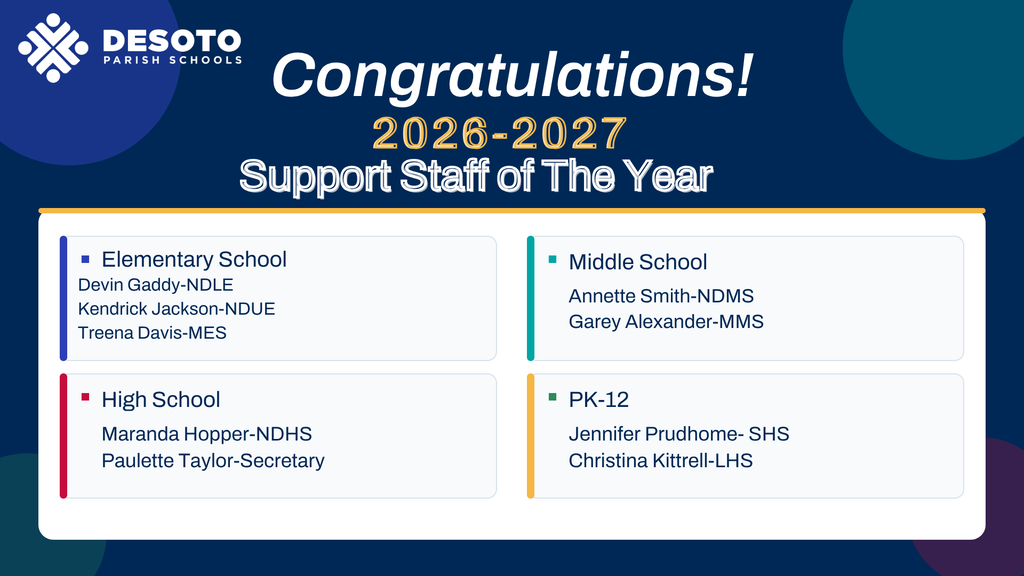 Blue and white background with bold text. "Congratulations! 2026-2027 Support Staff of the Year" at top. Sections for elementary, middle, high school, and PK-12.